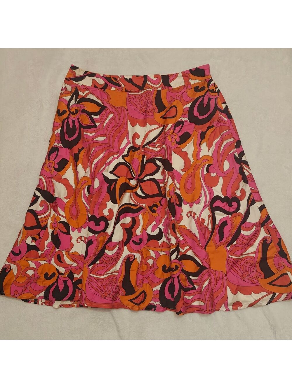 Valerie Stevens silk colorful maximalist orange and pink swirl midi skirt